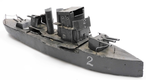 A scratch built model of WWI armoured cruiser, in grey, 74cm wide.