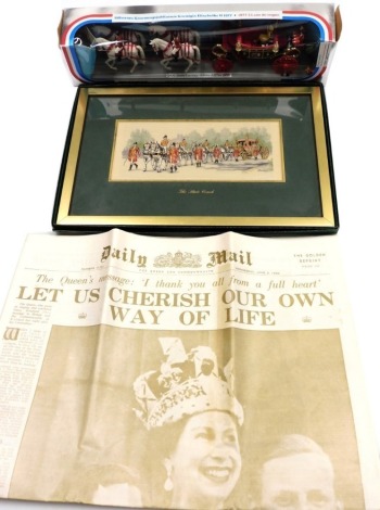 A Corgi 1902 state Landau Queen's Silver Jubilee 1977 coach, boxed, a state coach silk picture, 10cm x 21cm, and Daily Mail Wednesday June 3rd 1953 Golden reprint newspaper. (3)