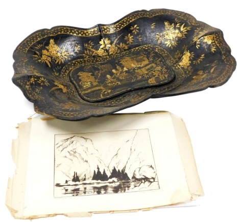 A 19thC papier mache tray, decorated with an Oriental interior scene in gilt, 39cm wide, and after Gerse Kloss, Mirror Lake- Yosemite, etching, signed, 12cm x 15cm, (2).