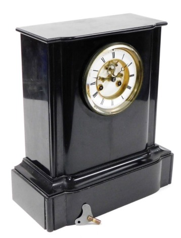 A late 19thC French black slate mantel clock, with white enamel dial bearing Roman numerals, visible brocot escapement, eight day movement by R. Fage, with bell strike, the case of architectural form, with key, 36cm high.