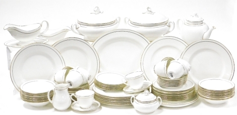 A Royal Worcester porcelain Contessa pattern part tea and dinner service, comprising two lidded tureens, ten dinner plates, oval platter, two gravy boats and saucers, fourteen bowls, two serving plates, eight side plates, teapot, sugar bowl and cover, mil