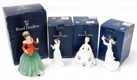 Four Royal Doulton porcelain figures, comprising Thinking of You HN3124, Lavender Rose HN3481, Sentiments With Love HN3393, and Holly HN3647, all boxed.