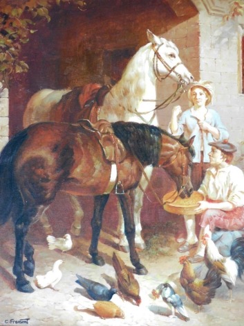 C. Fremont (20thC School). Figures on horses with chickens in the foreground, oil on canvas, signed, 49cm x 40cm.