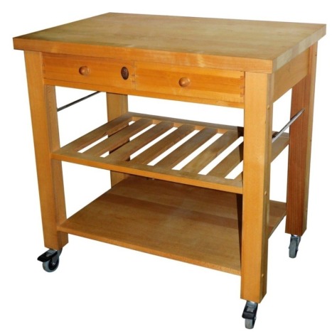 A Servus light oak butcher's block, with two frieze drawers, above a slatted shelf over a further solid shelf, on castors, 90cm high, 90cm wide, 60.5cm deep.