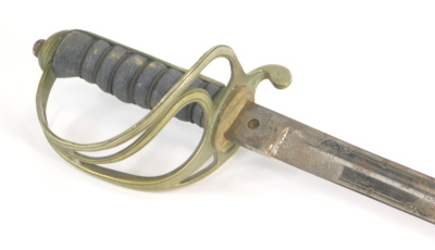 A Royal Artillery officer's sword, the blade etched with shield and crown and marked Clement Grey Sheffield, with turned handle, basket weave hilt, compressed pommel and leather scabbard, 104cm long. - 6