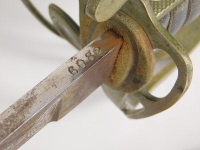 A Royal Artillery officer's sword, the blade etched with shield and crown and marked Clement Grey Sheffield, with turned handle, basket weave hilt, compressed pommel and leather scabbard, 104cm long. - 10