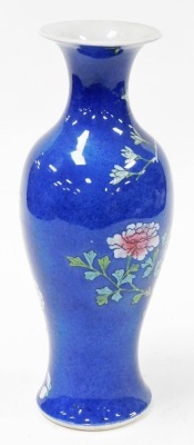 A 19thC Chinese porcelain powder blue baluster vase, decorated in coloured enamels with peony and wisteria, embellished with exotic birds and butterfly, 36cm high. - 3