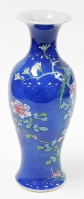 A 19thC Chinese porcelain powder blue baluster vase, decorated in coloured enamels with peony and wisteria, embellished with exotic birds and butterfly, 36cm high. - 4