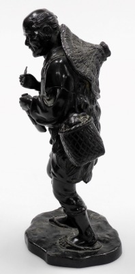 A pair of Japanese Meiji period bronze Tokyo School figures, of a lady holding a hoe and teapot, and man with pipe and tobacco pouch, four character signature of Genryusai Seiya to each base, each figure 26cm high, one hardwood base. - 3