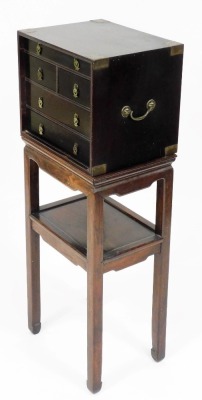 A Chinese brass bound hardwood chest, with five various drawers and brass drop handles, on an unassociated two tier stand, 41cm wide. - 3