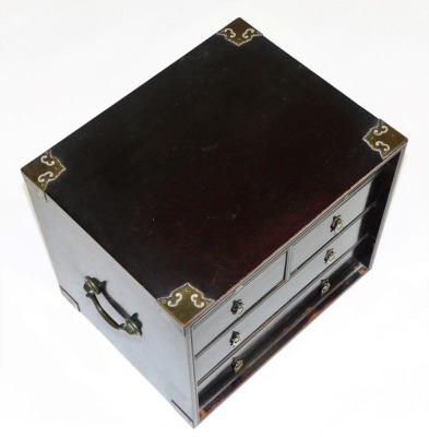 A Chinese brass bound hardwood chest, with five various drawers and brass drop handles, on an unassociated two tier stand, 41cm wide. - 5