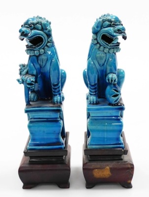 A pair of Chinese turquoise pottery glazed figures of Buddhistic lions, on square bases with hardwood stands, 28cm high overall. - 2