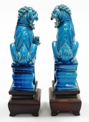 A pair of Chinese turquoise pottery glazed figures of Buddhistic lions, on square bases with hardwood stands, 28cm high overall. - 4