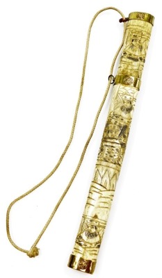 An early 20thC Japanese bone mounted tanto, carved to the handle and sheath in low relief with figures, with brass mounts and caps, steel blade, 44.5cm total length. - 4