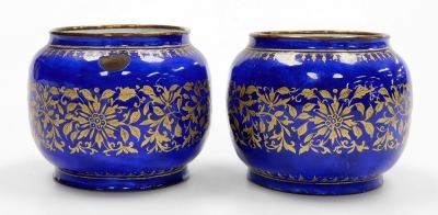 A pair of 19thC Chinese Canton squat vases, decorated with bands of gilt scrolling foliage, 6.5cm high.