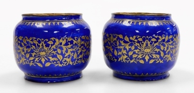 A pair of 19thC Chinese Canton squat vases, decorated with bands of gilt scrolling foliage, 6.5cm high. - 2