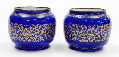 A pair of 19thC Chinese Canton squat vases, decorated with bands of gilt scrolling foliage, 6.5cm high. - 4