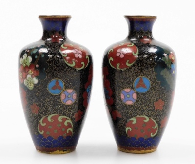A pair of Japanese Meiji period cloisonne vases, decorated with panels of butterflies and flowers, 9cm high. - 2