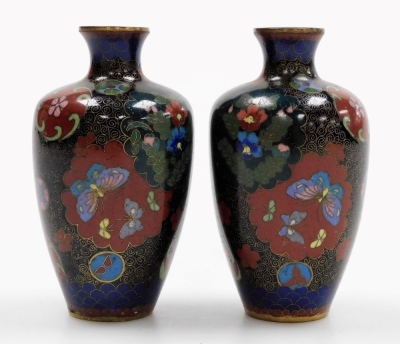 A pair of Japanese Meiji period cloisonne vases, decorated with panels of butterflies and flowers, 9cm high. - 3