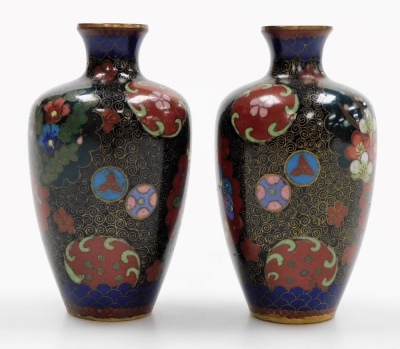 A pair of Japanese Meiji period cloisonne vases, decorated with panels of butterflies and flowers, 9cm high. - 4