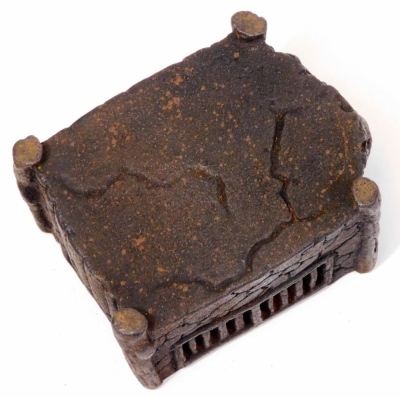 A Japanese iron koro and cover, shaped as a thatched hut, with vine growing up one side, Taisho period, 7cm high. - 7