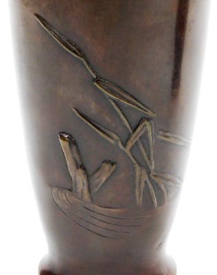 Two Japanese Meiji period bronze vases, of tapered cylindrical shape, with decoration in relief of cranes in flight over bamboo, 25.5cm high. - 6