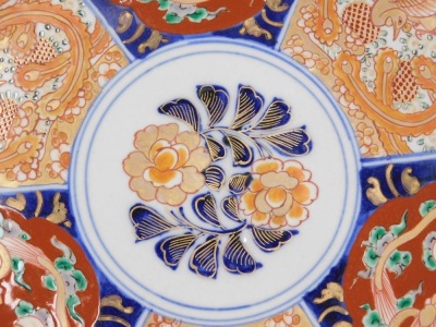 A Japanese Meiji period Imari plate, with panels of phoenix and dragons around a central roundel, 27.5cm diameter. - 5