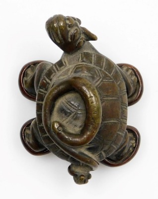 A Chinese bronze turtle, with snake on its back, on a carved hardwood base, the turtle 7cm wide. - 5