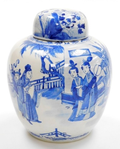 A Chinese porcelain blue and white jar and cover, the body decorated with figures in garden, with matched cover, four character Kangxi mark to underside, 19thC, 28cm high.