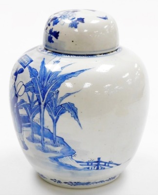 A Chinese porcelain blue and white jar and cover, the body decorated with figures in garden, with matched cover, four character Kangxi mark to underside, 19thC, 28cm high. - 2