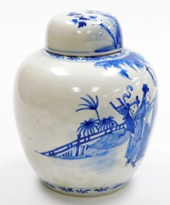 A Chinese porcelain blue and white jar and cover, the body decorated with figures in garden, with matched cover, four character Kangxi mark to underside, 19thC, 28cm high. - 4