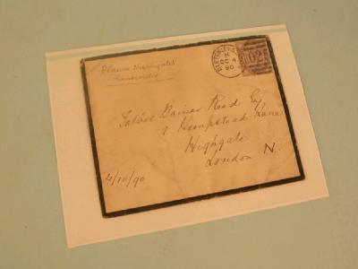 An envelope addressed to a Talbot Reed Esq dated 1890 stationer H & M Massey