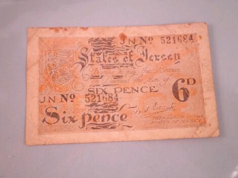 A State of Jersey occupation sixpence bank note