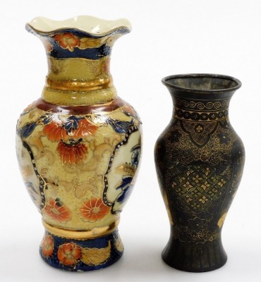 A group of Oriental wares, to include a blue and white vase with six character mark to underside, 22cm high, bowl with gilt highlights, 20cm diameter, metal baluster vase with gilt highlights, five character mark to underside, 14cm high, two hardwood base - 6