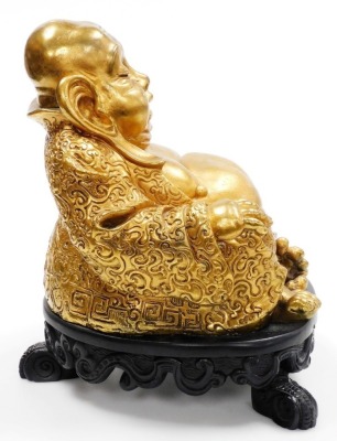 A gold coloured painted plaster figure of Putai, on stand, 34cm high. - 4