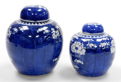 Two Chinese porcelain blue and white ginger jars in prunus pattern, one with four character Kangxi mark to base, 20cm high and 15cm high. - 2