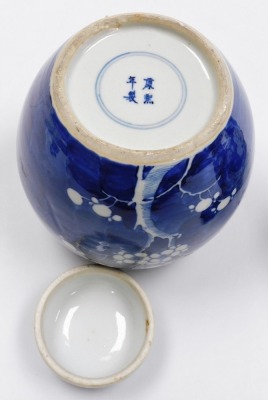 Two Chinese porcelain blue and white ginger jars in prunus pattern, one with four character Kangxi mark to base, 20cm high and 15cm high. - 6