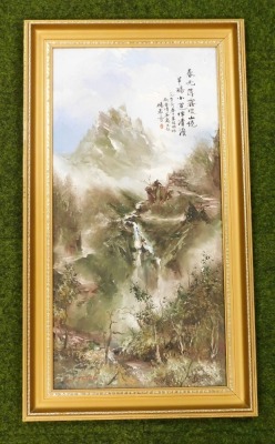 H.S. Yeong (20thC Chinese School). Mountainous waterfall scene, oil on canvas, signed and with Chinese written inscription to top right hand corner, 91cm x 45cm. - 2