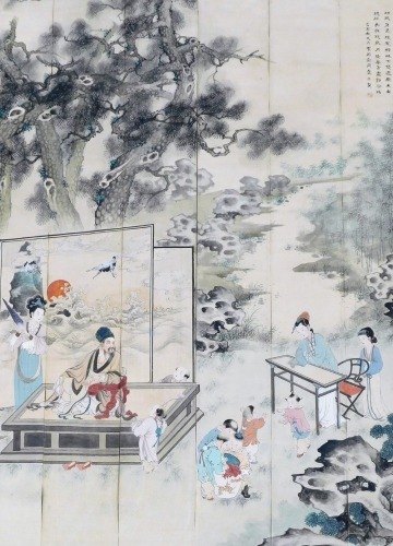 An early 20thC Oriental watercolour, formed as six vertical panels, with a seated sage on a dais attended by servant while children play and mothers look on, inscribed to the upper right above a red seal, 108cm x 79cm.