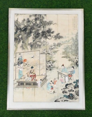 An early 20thC Oriental watercolour, formed as six vertical panels, with a seated sage on a dais attended by servant while children play and mothers look on, inscribed to the upper right above a red seal, 108cm x 79cm. - 2