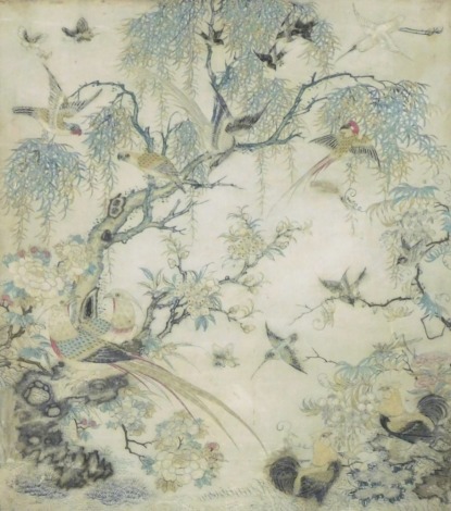 A 19thC Chinese embroidery panel, depicting parrots and exotic birds, butterflies and insects around trailing wisteria, 41cm x 36cm.