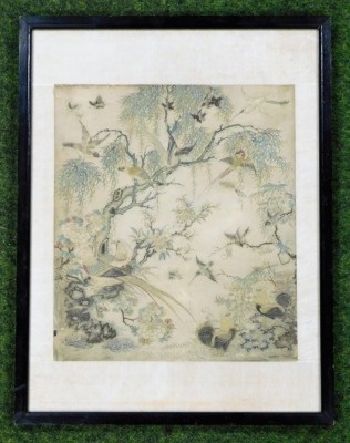 A 19thC Chinese embroidery panel, depicting parrots and exotic birds, butterflies and insects around trailing wisteria, 41cm x 36cm. - 2