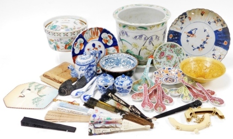 A selection of Oriental ceramics, including modern Chinese jardiniere and stand, 19thC Japanese Imari wares, various fans and textiles, rice spoons, salad and plate, etc. (a quantity)