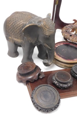 Various 19thC and later urn or vase stands in hardwood, plate easels and a modern elephant. (a quantity) - 2