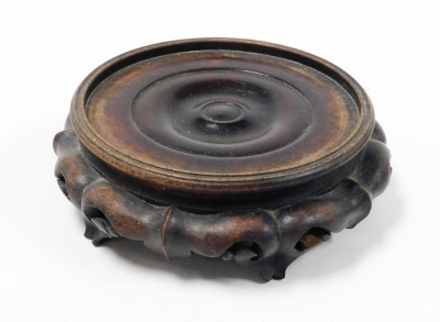 A 20thC Chinese crackle glaze everted bowl, on a hardwood lotus carved stand, 24cm diameter. - 4
