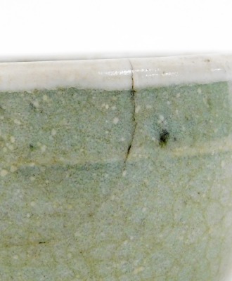 Two celadon glaze bowls, one in green, and one in blue with orange peel underside, 9cm and 13cm diameter. - 4