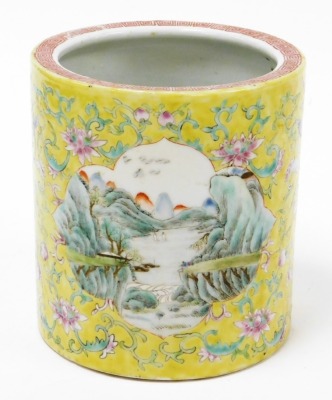 A 19thC Chinese porcelain famille jaune brush pot, with scrolling floral ground containing two shaped cartouches with enamel decoration of figures and landscape, 14cm high, 13cm diameter. - 3