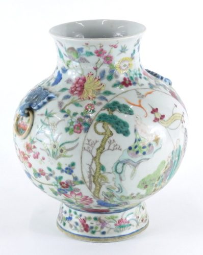 A 19thC Chinese porcelain globular vase, decorated with a selection of flowers and trailing foliage, with applied loop handles and oval cartouches with enamelled figures of court, and deities with attendants, six character Kangxi blue seal mark to base, 2
