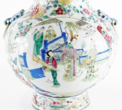 A 19thC Chinese porcelain globular vase, decorated with a selection of flowers and trailing foliage, with applied loop handles and oval cartouches with enamelled figures of court, and deities with attendants, six character Kangxi blue seal mark to base, 2 - 3