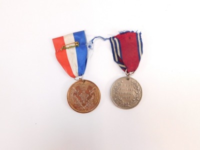 A Queen Victoria copper Golden Jubilee medal 1887, with a red, white and blue ribbon, together with a Diamond Jubilee medal 1897, in nickel, with a predominantly red, narrow white and blue ribbon. (2) - 2